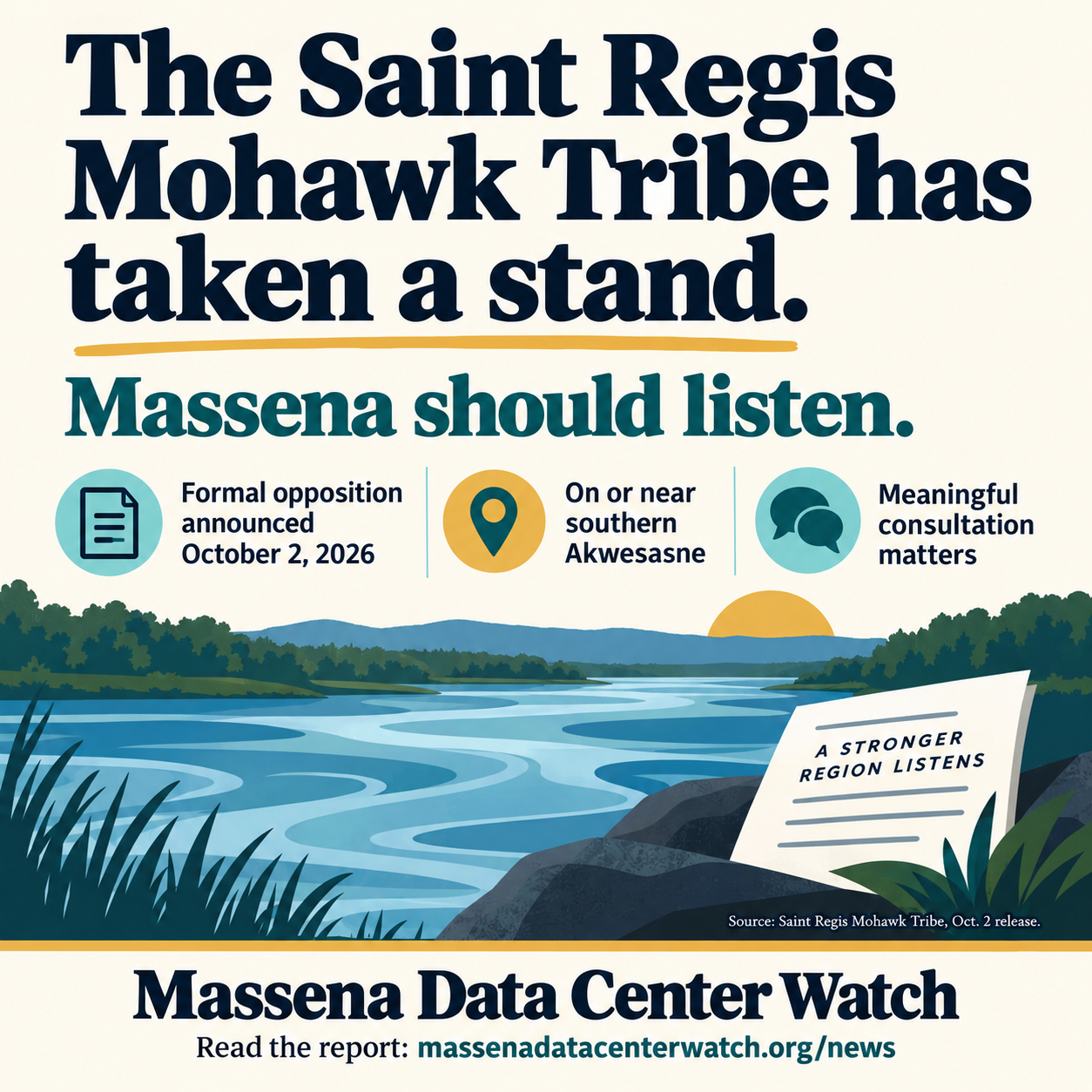 The Saint Regis Mohawk Tribe has taken a stand. Massena should listen. Formal opposition announced October 2, 2026; on or near southern Akwesasne; meaningful consultation matters.